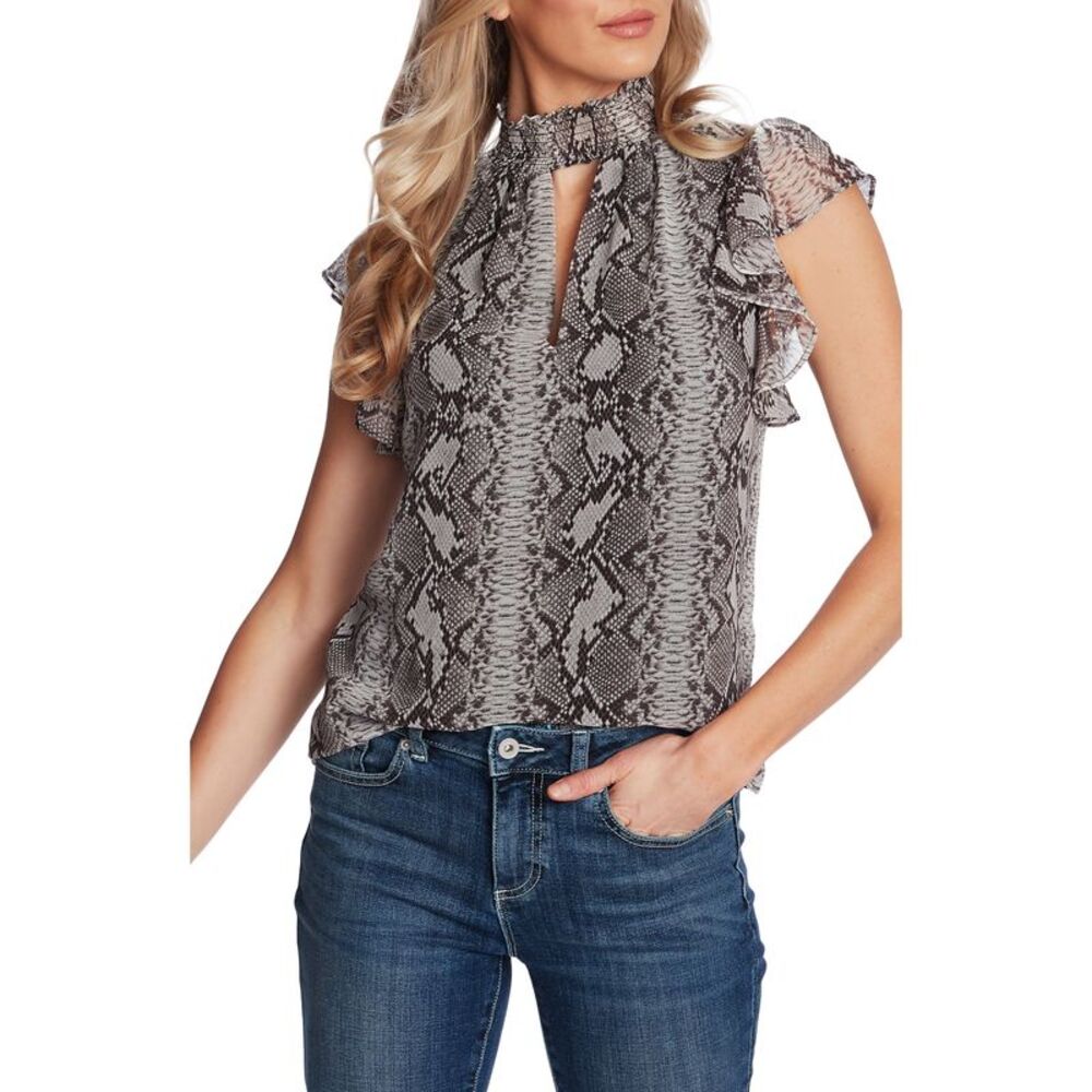 1. STATE Womens Gray Elastic Neck Animal Print Sleeveless Keyhole Top Size: XS